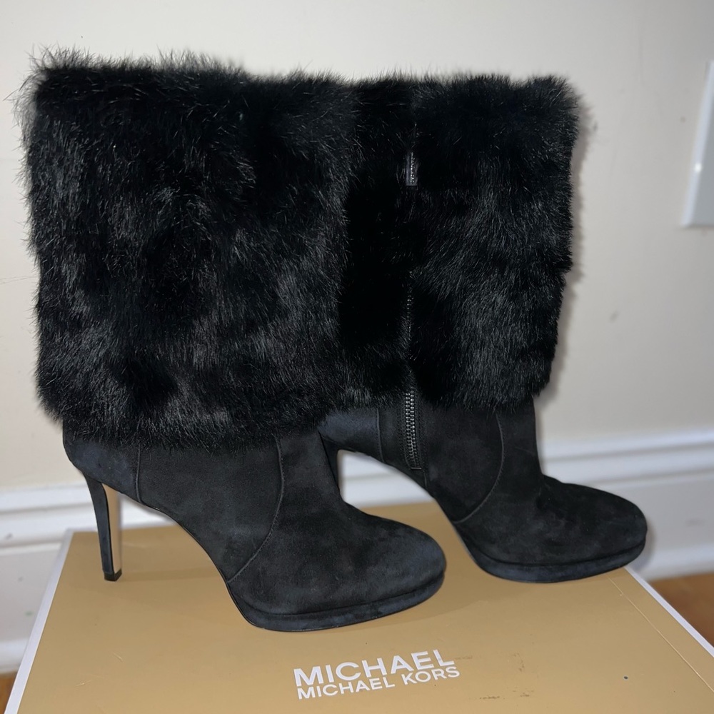 Michael kors suede bootie, faye booties, black faux fur bootie, stiletto heel